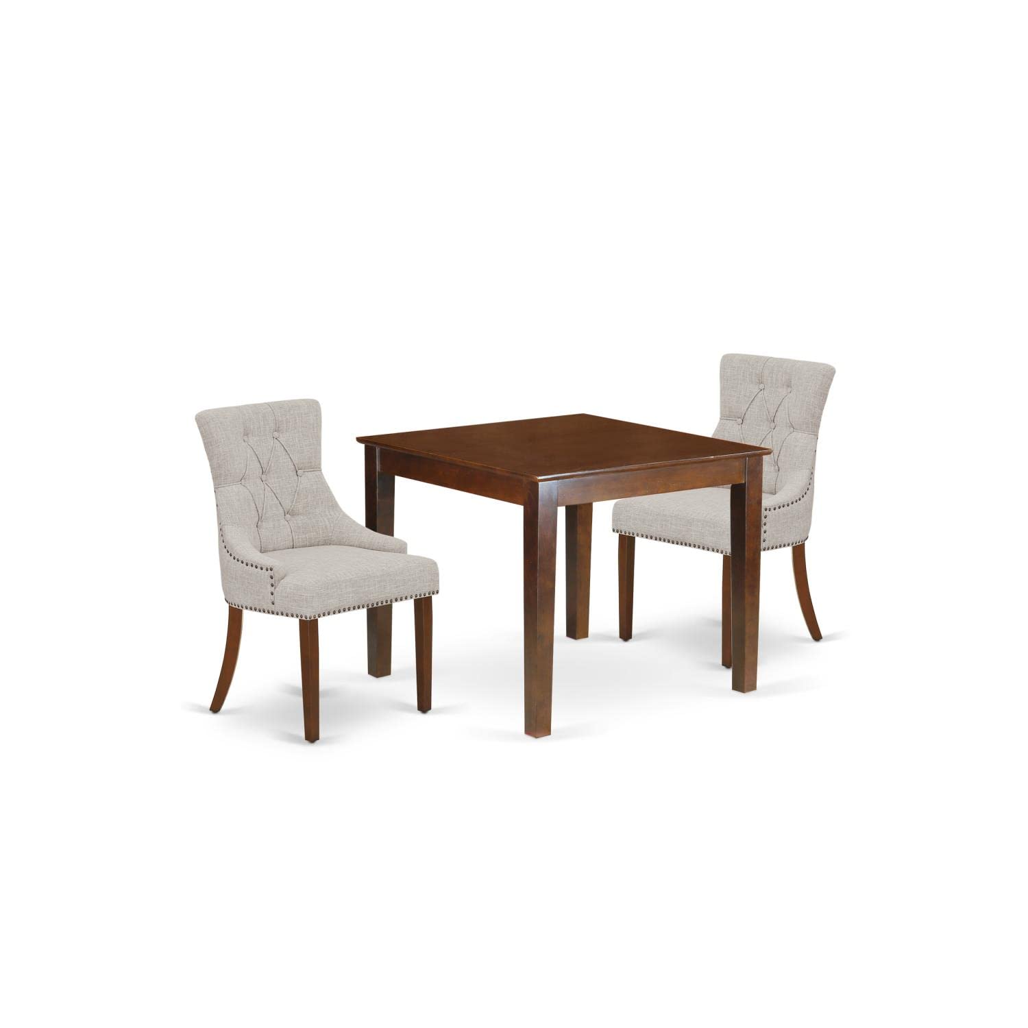 East West Furniture Oxfr3-Mah-05 3 Piece Kitchen Table Set For Small Spaces Contains A Square Dining Room Table And 2 Doeskin Linen Fabric Parsons Dining Chairs, 36X36 Inch, Mahogany